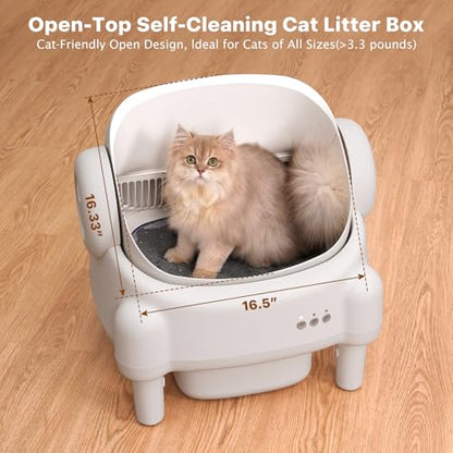Self Cleaning Litter Box,Open Top Automatic Litter Box with App Control for Multiple Cats, Safety Sensors Protection, Odor Control Includes 2 roll Liners,Large Waste Bin, Cream White