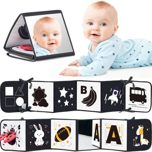 Infinno High Contrast Baby Book, Black and White, Tummy Time Mirror Toy | Newborn visual stimulation 0-6 months, Montessori sensory play, soft crinkle pages, folds flat,stands on a baby gym mat