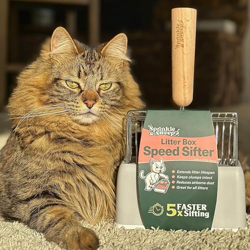 Sprinkle & Sweep Metal Cat Litter Scoop - Heavy Duty Litter Scooper & Speed Sifter with Comfortable Beech Wood Grip - Washable Convenient Stand for Easy and Efficient Cleaning