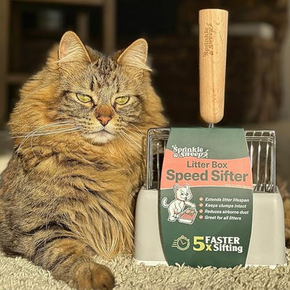 Sprinkle & Sweep Metal Cat Litter Scoop - Heavy Duty Litter Scooper & Speed Sifter with Comfortable Beech Wood Grip - Washable Convenient Stand for Easy and Efficient Cleaning