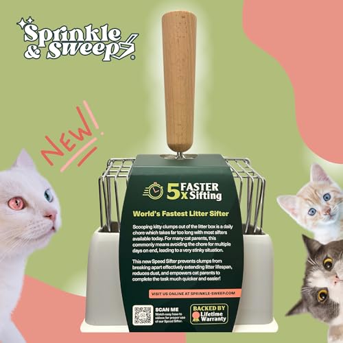 Sprinkle & Sweep Metal Cat Litter Scoop - Heavy Duty Litter Scooper & Speed Sifter with Comfortable Beech Wood Grip - Washable Convenient Stand for Easy and Efficient Cleaning