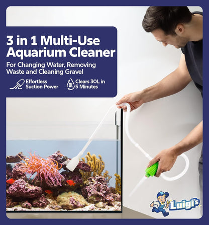 Luigi's Fish Tank Cleaner - Gravel Pump Vacuum for Aquarium - Hand Siphon Hose to Remove and Change Water or Sand in Minutes - Aquarium Cleaning Tools