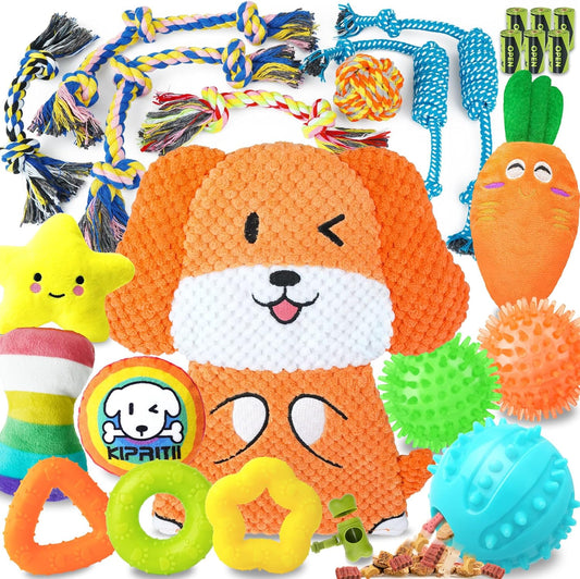 KIPRITII Puppy Toys for Dog Teething-25 Pack Exclusive Puppy Dog Chew Toys for Boredom with Rope Toys, Dog Treat Balls & Dog Toy for Puppy and Small Dogs, Hold a Bottle