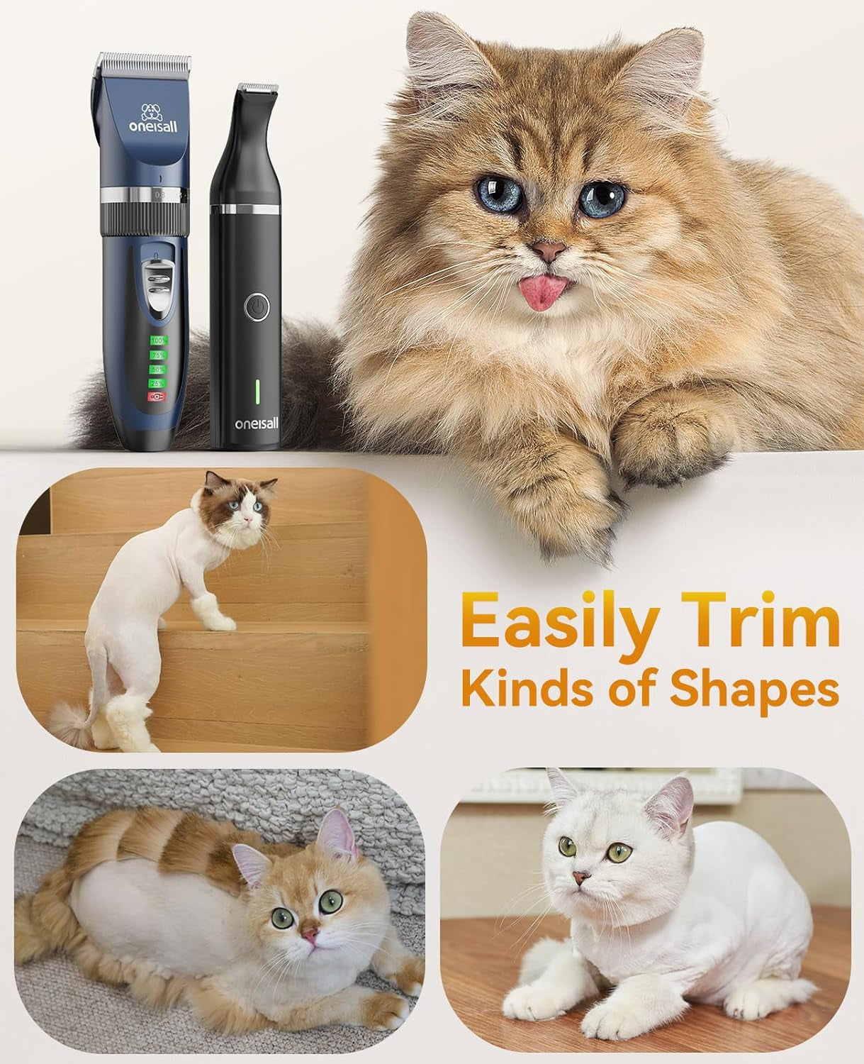 Oneisall Cat Clippers for Matted Hair,3 in 1 Cat Grooming Kit,Quiet Cordless Cat Shaver for Matted Long Hair,2 Speed Cat Hair Trimmer,Pet Clippers for Cats and Small Dogs