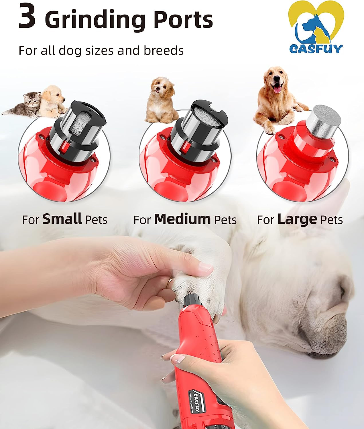 Casfuy Dog Nail Grinder Quiet - (45Db) 6-Speed Pet Nail Grinder with 2 LED Lights for Large Medium Small Dogs/Cats, Professional 3 Ports Rechargeable Electric Dog Nail Trimmer with Dust Cap(Red)