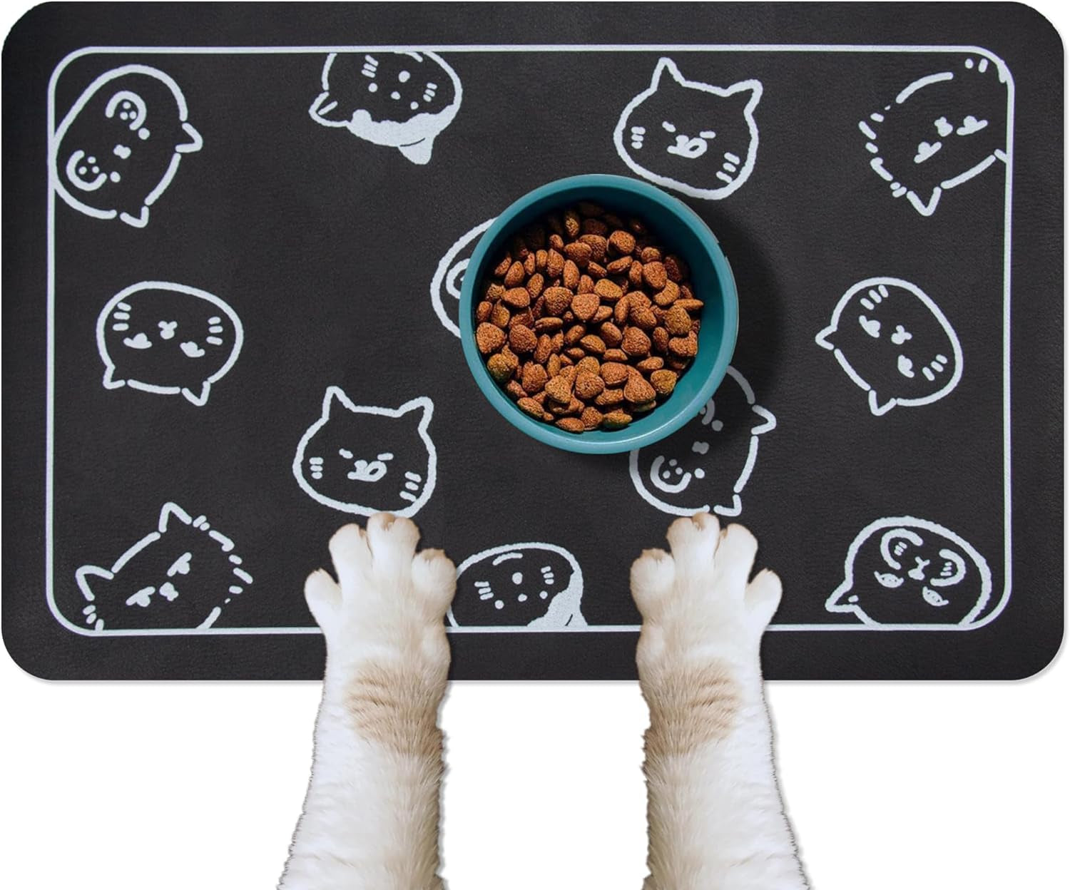 YCT Cat Food Mat for Pet Dog Food Mat, Cat Mat for Food and Water, Cat Feeding Mat Pet Dog Cat Bowl Mat, Non-Slip Super Absorbent, with Multiple Cat Heads Logo，24 X 16.9 Inches, Black