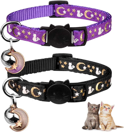 2PCS Breakaway Cat Collars with Bell Cute Kitty Glow in the Dark Adjustable Kitten Collars 7.9-13.0 Inch(Purple&Black)