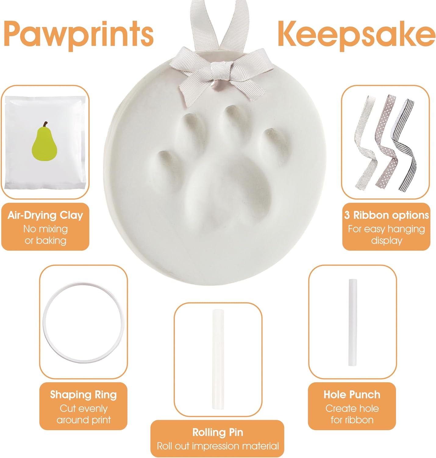 Pearhead Pet Paw Print Keepsake Kit - DIY Hanging Clay Keepsake for Dogs & Cats, Easy Air-Dry Clay, No-Mess, Perfect for New Pet Owners and Memorial, Personalized Pawprint Gift, Gray Ribbons