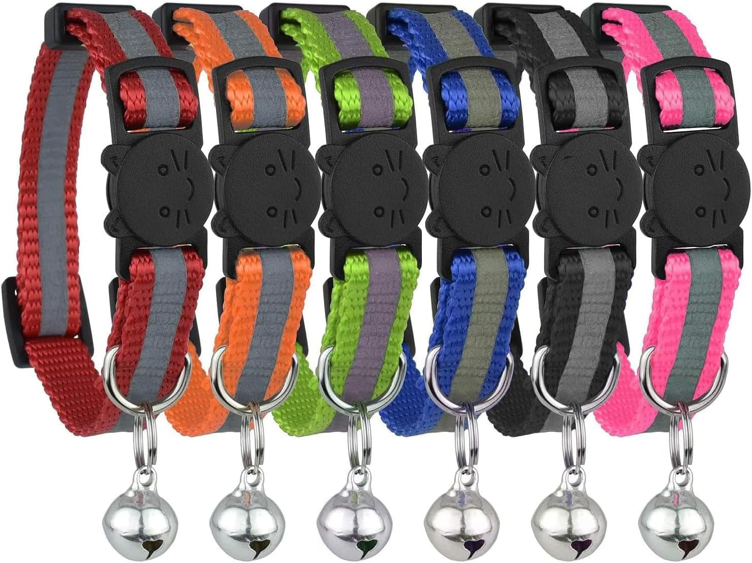 Upgraded Version - Reflective Cat Collar with Bell, Set of 6, Solid & Safe Collars for Cats, Nylon, Mixed Colors, Pet Collar, Breakaway Cat Collar Charms, Free Replacement