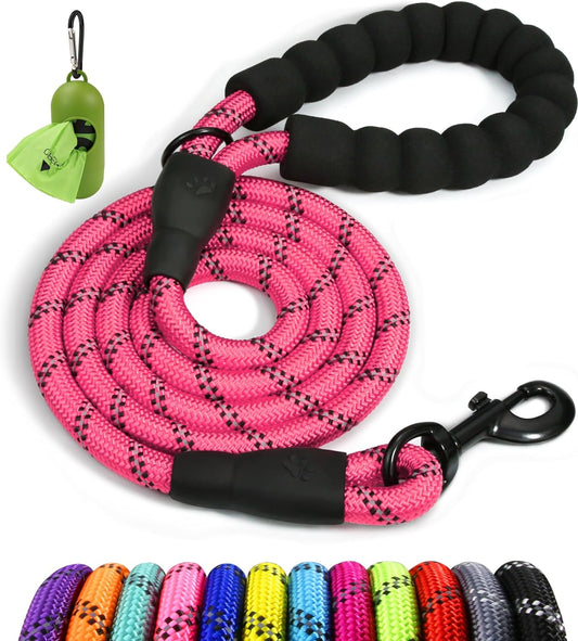 Taglory Rope Dog Leash 6 FT with Comfortable Padded Handle, Highly Reflective Threads Dog Leash for Medium Large Dogs, 1/2 Inch, Pink