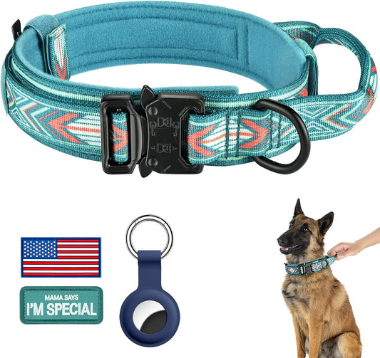 DAGANXI Tactical Dog Collar, Adjustable Military Training Nylon Dog Collar with Control Handle and Heavy Metal Buckle for Medium and Large Dogs, with Patches and Airtags Case (L, Green Arrow)