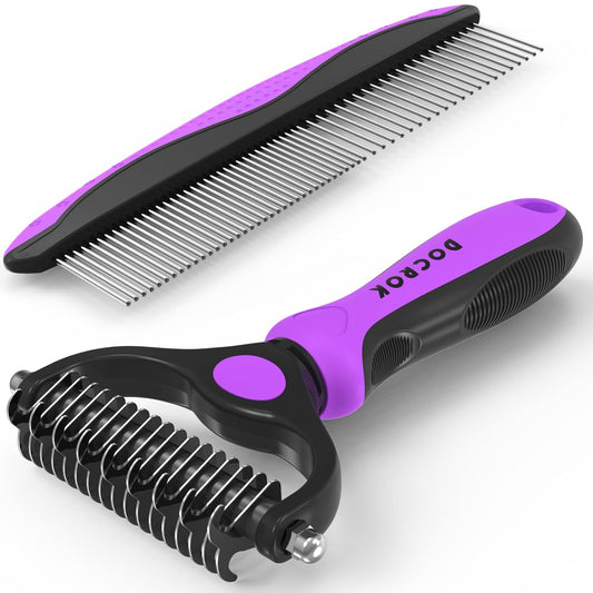 Pet Grooming Brush and Metal Comb Combo, Cat Brush Dog Brush for Shedding, Undercoat Rake for Dogs Grooming Supplies, Dematting Deshedding Brush Dogs Shedding Tool for Long Matted Haired Pets, Purple