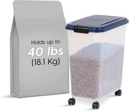 IRIS USA Weatherpro Airtight Dog Food Storage Container, up to 40 Lbs, Attachable Wheels, for Dog Cat Bird and Other Pet Food Storage Bin, Keep Fresh, Translucent Body, Easy Mobility, Navy