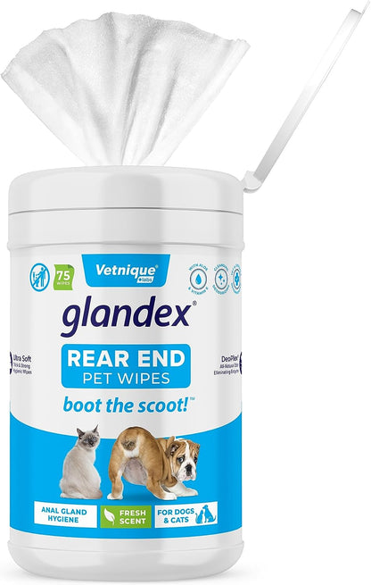 Vetnique Labs Glandex Dog Wipes for Pets Cleansing & Deodorizing Anal Gland Hygienic Wipe​S for Dogs & Cats with Vitamin E, Skin Conditioners and Aloe (75Ct)