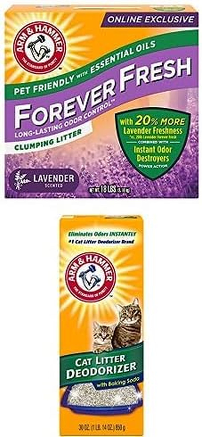 Bundle of Arm & Hammer Forever Fresh Clumping Cat Litter Lavender, Multicat 18Lb with 20% More Lavender Freshness, Pet Friendly with Essential Oils + ARM & Hammer Cat Litter Deodorizer 30 Oz