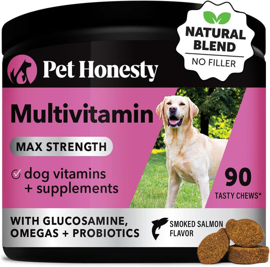 Pet Honesty Dog Multivitamin Max Strength - 15 in 1 Dog Vitamins for Health & Heart - Dog Essentials Fish Oil, Glucosamine, Probiotics, Omega Fish Oil - Dog Vitamins and Supplements for Skin and Coat