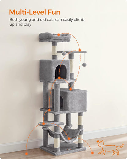 Feandrea Cat Tree, 61-Inch Cat Tower for Indoor Cats, Plush Multi-Level Cat Condo with 5 Scratching Posts, 2 Perches, 2 Caves, Hammock, 2 Pompoms, Light Gray UPCT192W01