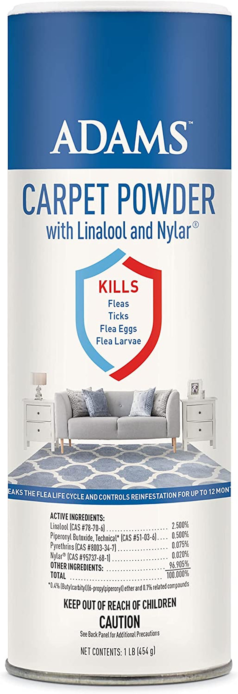 Adams Carpet Powder with Linalool and Nylar, Kills Fleas and Ticks on Contact, Kills All Stages of the Flea Life Cycle, 30 Day Protection, Freshens and Deodorizes, Treats up to 400 Sq Ft, 1LB