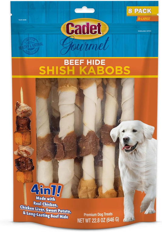 Cadet Gourmet Shish Kabob Dog Treats for Large Dogs, Healthy & Natural Chicken & Sweet Potato Chew Sticks, Beef Hide, Extra Large 10 Inch, 8 Count (Pack of 1)