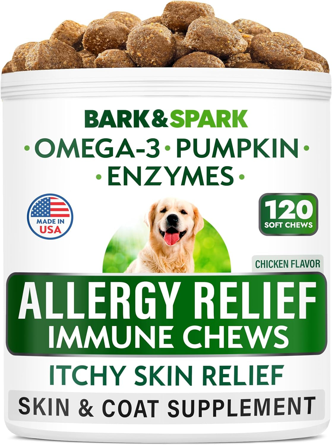 BARK&SPARK Dog Allergy Relief Chews - Anti-Itch Skin & Coat Supplement - Omega 3 Fish Oil - Itchy Skin Relief Treatment Pills - Itching&Paw Licking - Dry Skin&Hot Spots - (120 Immune Treats - Chicken)