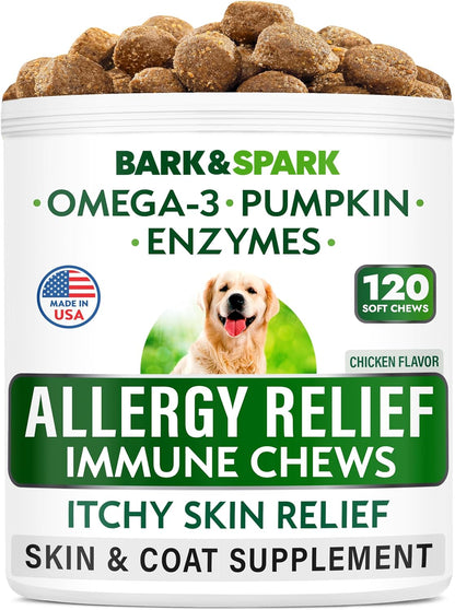 BARK&SPARK Advanced Dog Allergy Itch Relief Chews - Skin Probiotics W/Fish Oil Omega 3 - Itchy Skin Relief Pills - anti Itching Licking - Skin Allergies Treatment Immune Supplement Colostrum-120 Bacon