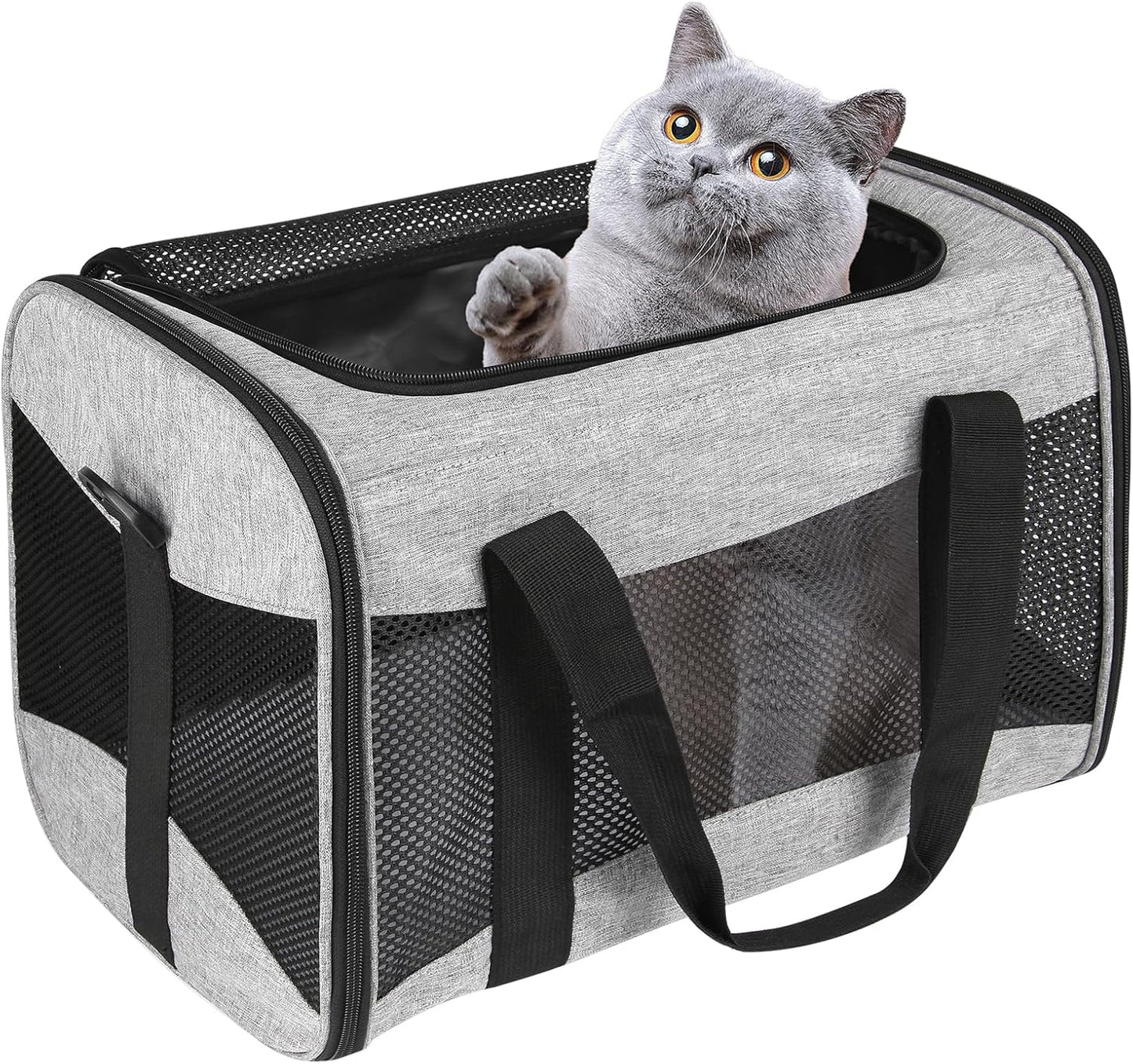 Cat Carrying Case - Pet Carrier Airline Approved, Protable and Breathable Pet Travel Carrier Removable Fleece Pad, Collapsible Cat Carrier Dog Carrier for Medium Cats Small Cats Dogs (Grey&Black M)