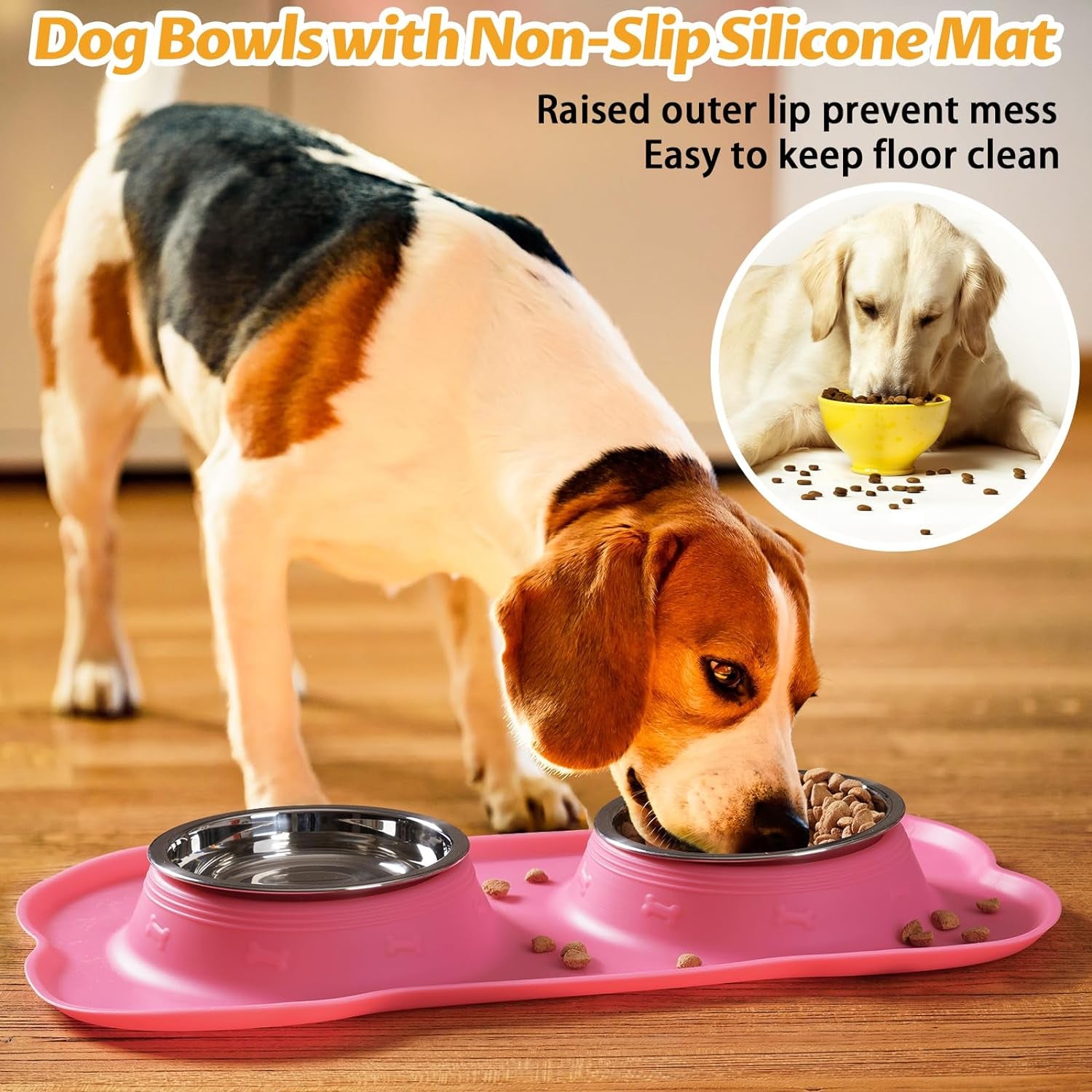 Hubulk Pet Dog Bowls 2 Stainless Steel Dog Bowl with No Spill Non-Skid Silicone Mat + Pet Food Scoop Water and Food Feeder Bowls for Feeding Small Medium Large Dogs Cats Puppies (Small, Navy Blue)