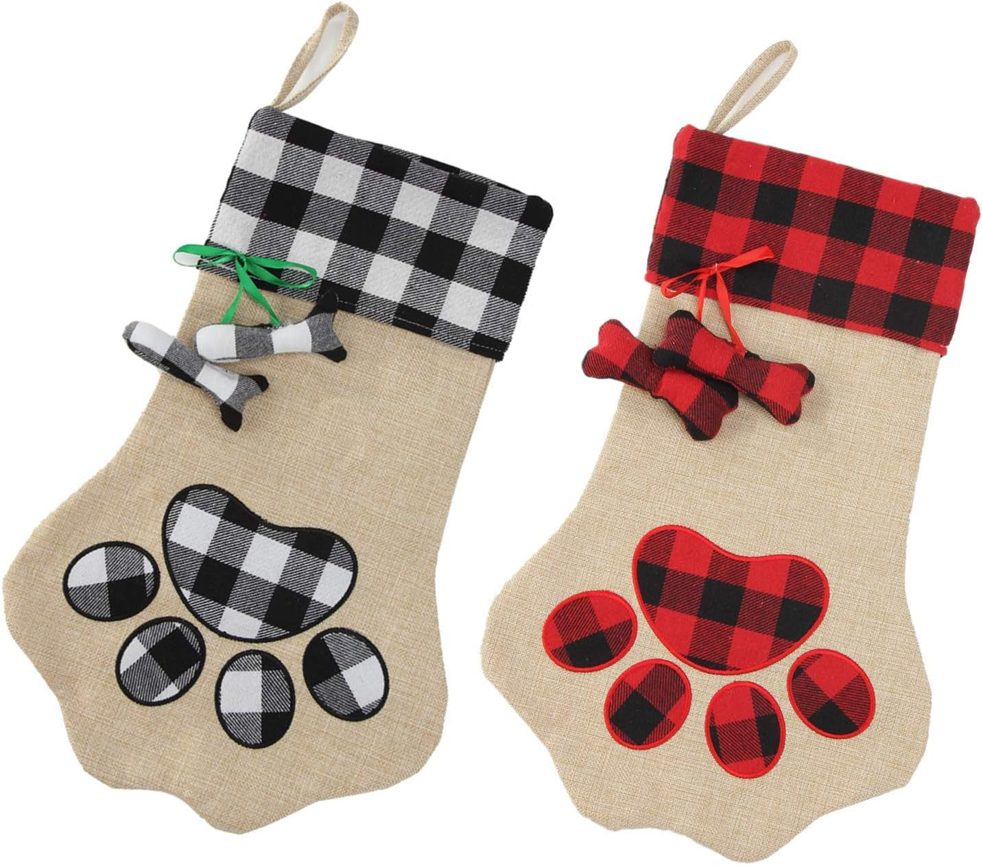 XinblueCo Christmas Pet Stockings Cat Dog Paw Dog Fish Bone Pattern Stockings Buffalo Plaid Fireplace Hanging Stockings for Fireplace Tree Decoration