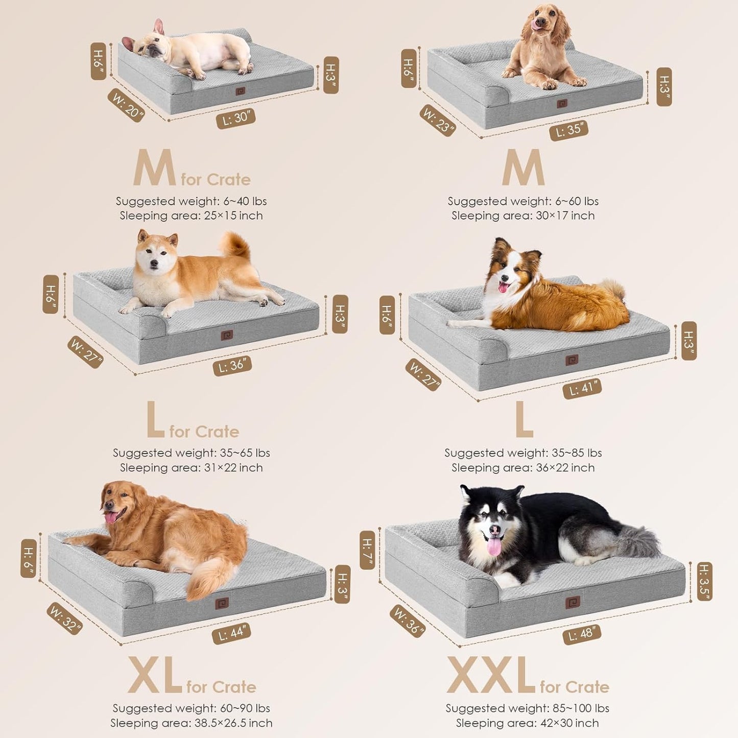 EHEYCIGA Memory Foam Orthopedic Dog Bed Medium Size Dog with Waterproof Lining, Washable Dog Couch Bed with Removable Cover and Nonskid Bottom for Crate Pet Sofa Bed, 30X20 Inches, Beige