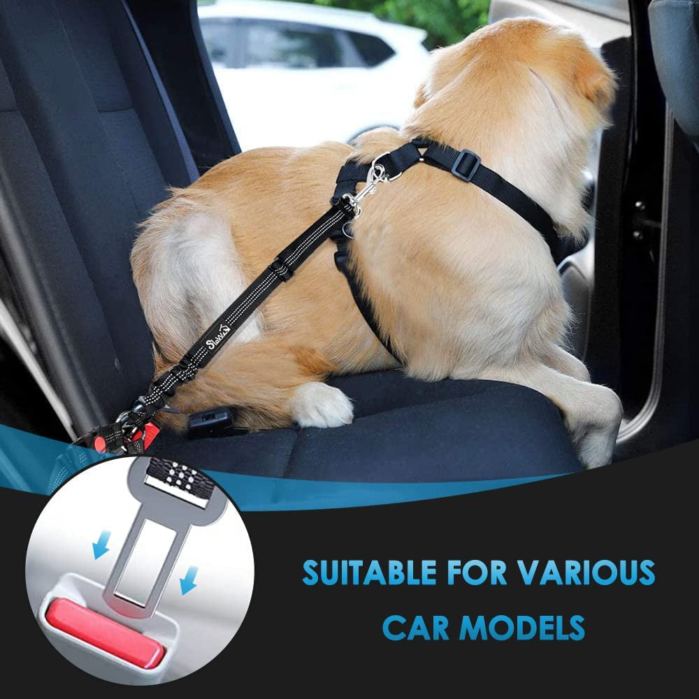 Slowton Dog Seat Belt for Car, 2 Pack Dog Car Harness Seatbelt Adjustable with Elastic Bungee Buffer, 2 in 1 Pet Car Leash Headrest Restraint Dog Reflective Safety Tether (S, Black, Headrest+Clip)