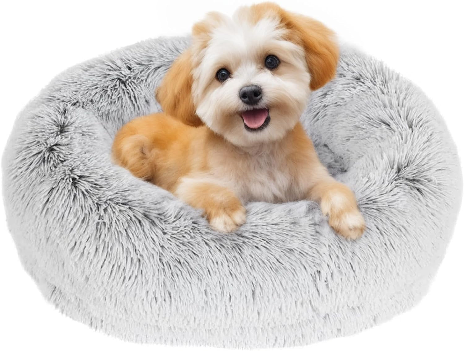 JOLLYVOGUE Calming Donut Dog Bed & Cat Bed, Anti-Anxiety Washable round Bed, Fluffy Dog Cuddler Bed, Cozy Dog Cat Cushion Bed for Small Puppy (20")