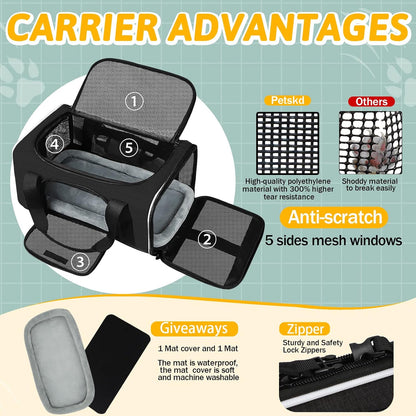 Pet Carrier with Wheels 18X12X8.5 Jetblue Allegiant Airline Approved, Soft Dog Carrier for 1-12 LBS Pets with Safety Lock Zipper(Black)