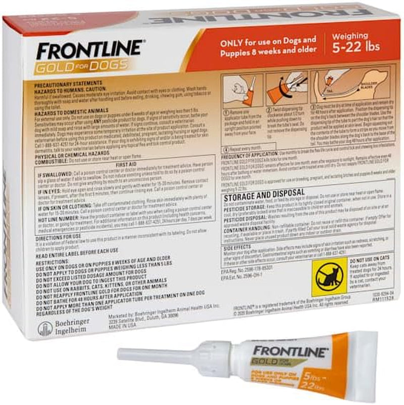 Frontline Gold Flea & Tick Treatment for Small Dogs Up to 5 to 22 lbs. Pack of 6