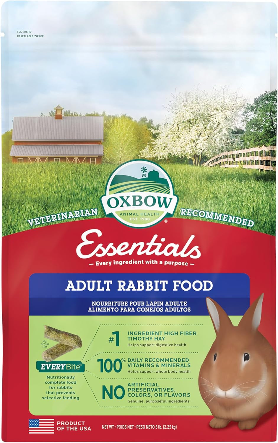 Oxbow Essentials Adult Rabbit Food - All Natural Adult Rabbit Pellets - Veterinarian Recommended- No Artificial Ingredients- All Natural Vitamins & Minerals- Made in the USA- 5 lb.