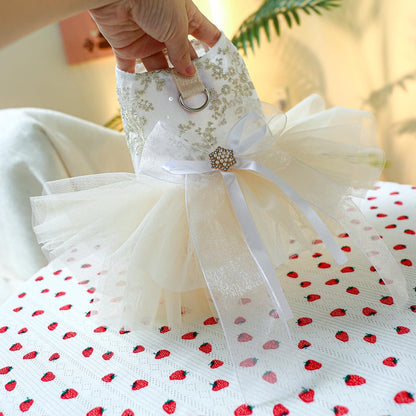 Champagne Dog Dresses for Small Dogs Girl with Leash Ring & Bow Decor,Luxury Dog Wedding Dress with Multi-Layer Princess Tutu Skirt, Embroidered Cat Dog Flower Dress(Champagne,M)