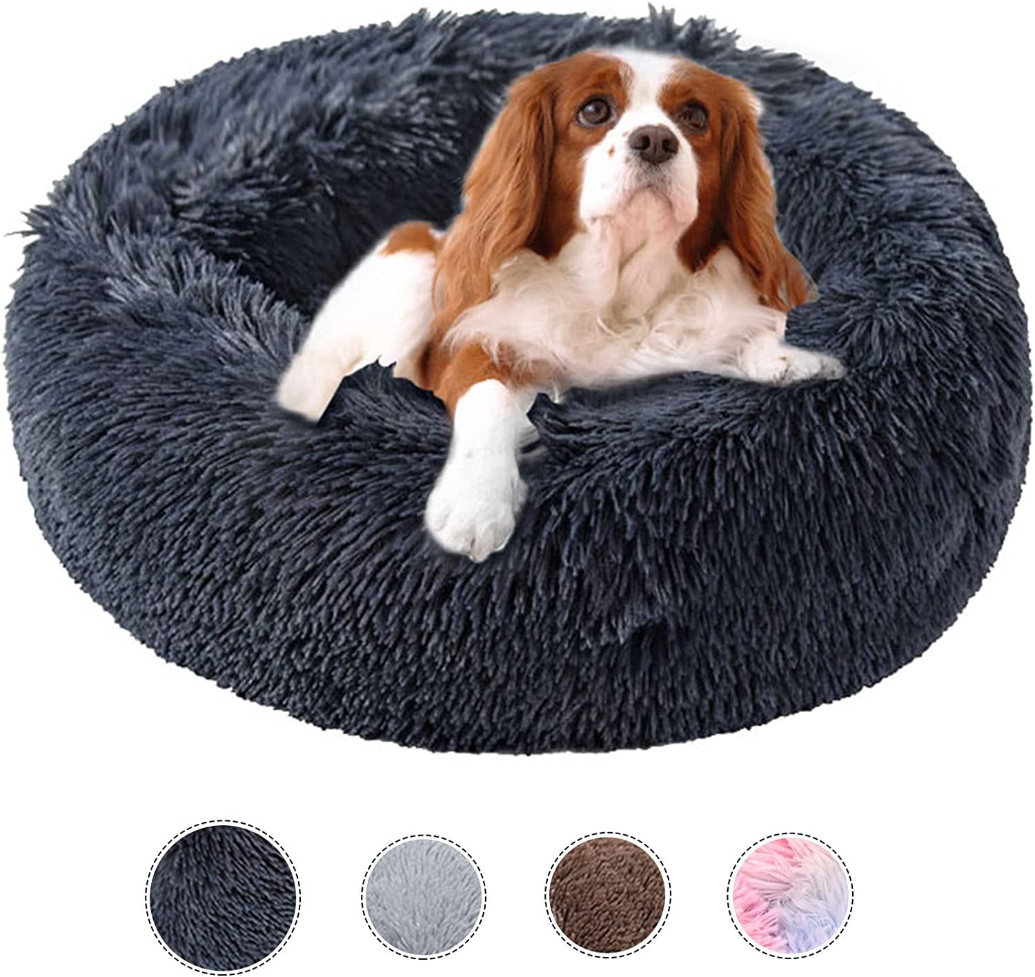 Dog Bed Calming Dog Beds for Small Medium Large Dogs - round Donut Washable Dog Bed, Anti-Slip Faux Fur Fluffy Donut Cuddler Anxiety Cat Bed(20"/27"/35") (Medium, Black)