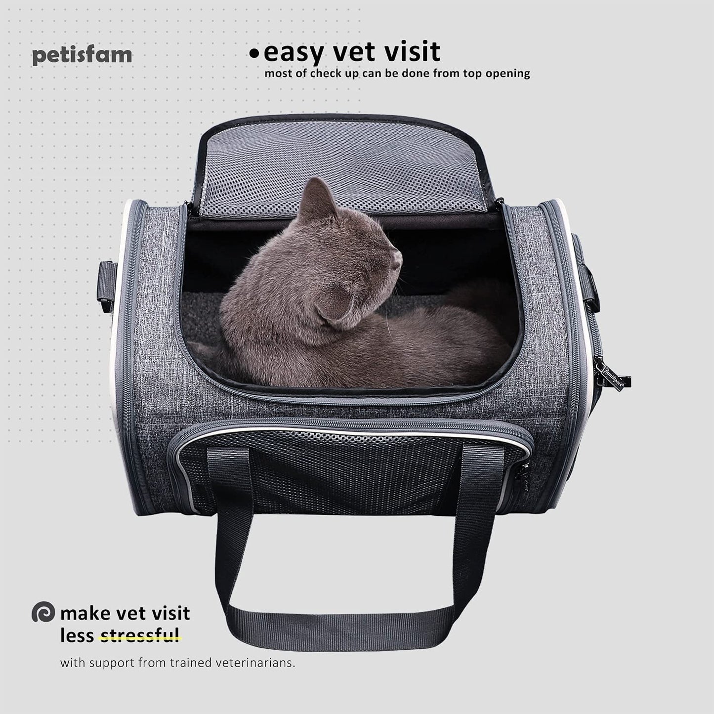 Petisfam Top Load Cat Carrier Bag for Medium Cats and Small Dogs. Airline Approved, Collapsible, Escape Proof and Auto-Safe. Easy to Get Cat in and Make Vet Visit Less Stressful