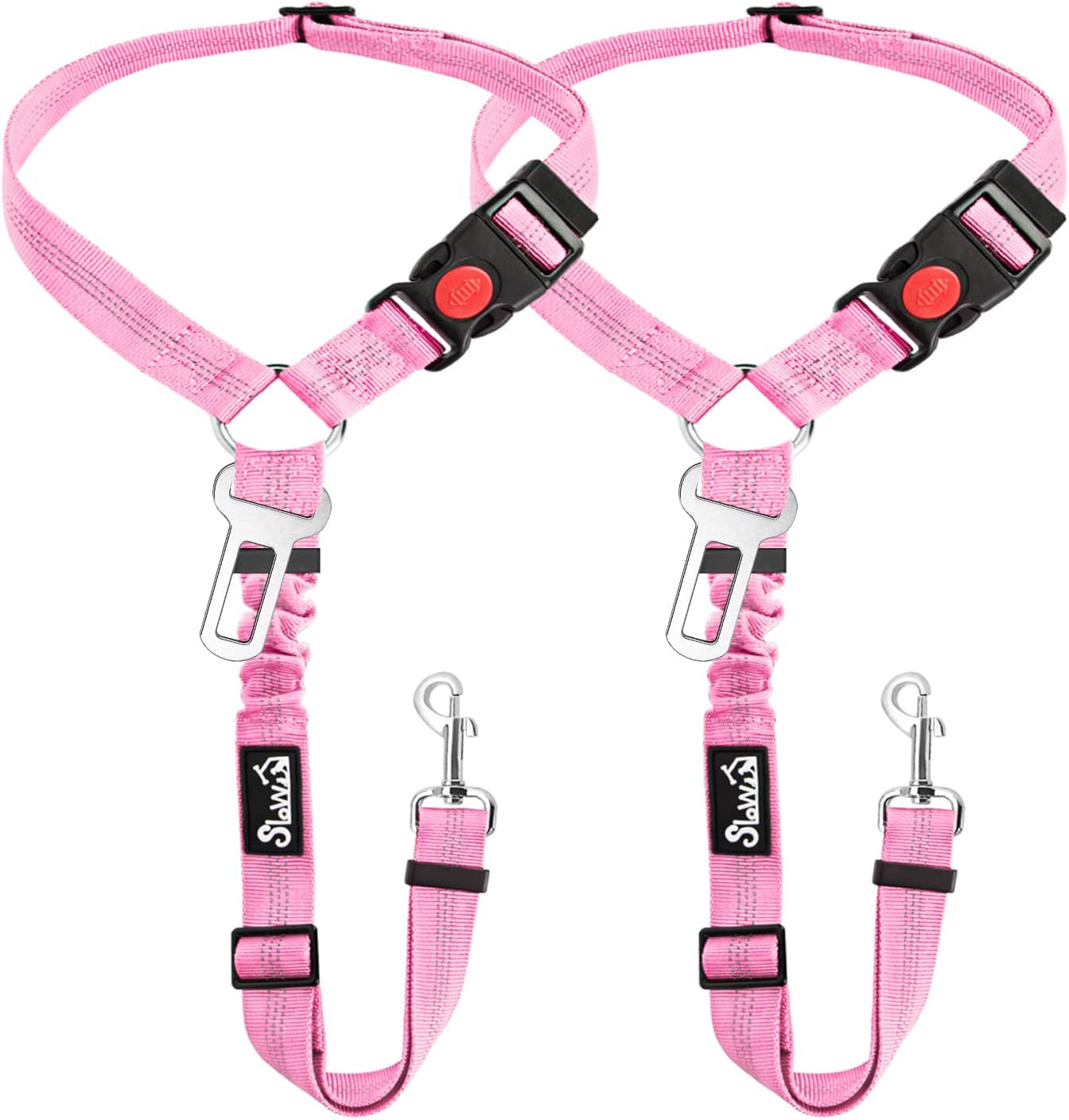 Slowton Dog Seat Belt for Car, 2 Pack Dog Car Harness Seatbelt Adjustable with Elastic Bungee Buffer, 2 in 1 Pet Car Leash Headrest Restraint Dog Reflective Safety Tether (Pink, Headrest+Clip)