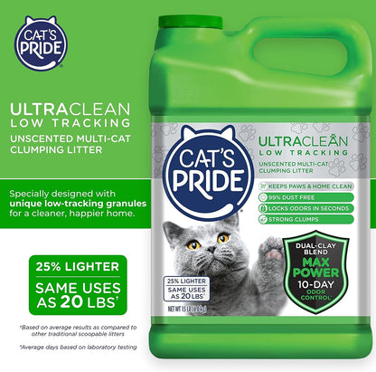 Cat'S Pride Max Power: Ultraclean Low Tracking Multi-Cat Clumping Litter - Keeps Paws & Home Clean - up to 10 Days of Powerful Odor Control - 99% Dust Free - Unscented, 15 Pounds (Pack of 2)