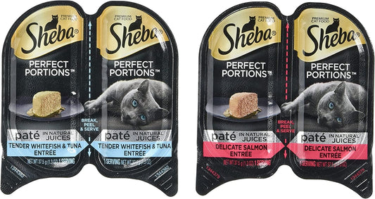 Sheba Perfect Portions Wet Cat Food, Delicate Salmon Entrée and Tender Whitefish and Tuna Entrée, (12) 2.6 Oz Twin-Pack Trays