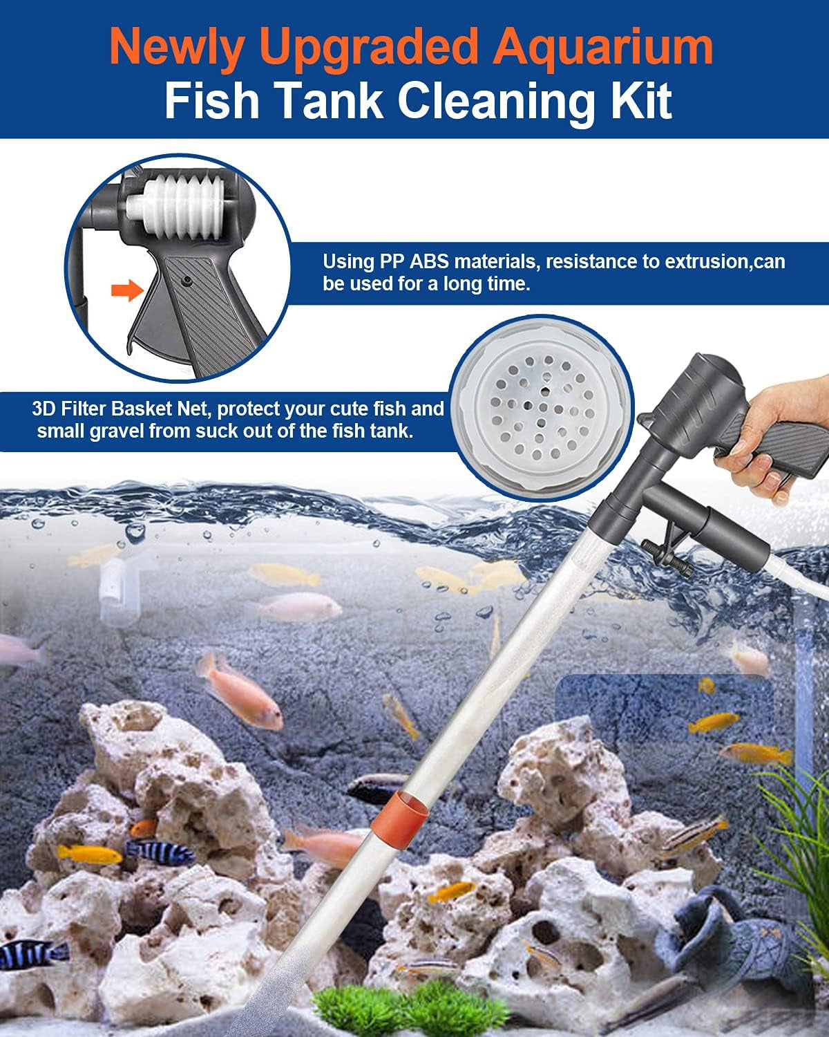 QZQ Aquarium Gravel Cleaner [2024 Edition] Vacuum Fish Tank Vacuum Cleaner Tools for Aquarium Water Changer with Aquarium Thermometers Fish Net Kit Use for Fish Tank Cleaning Gravel and Sand