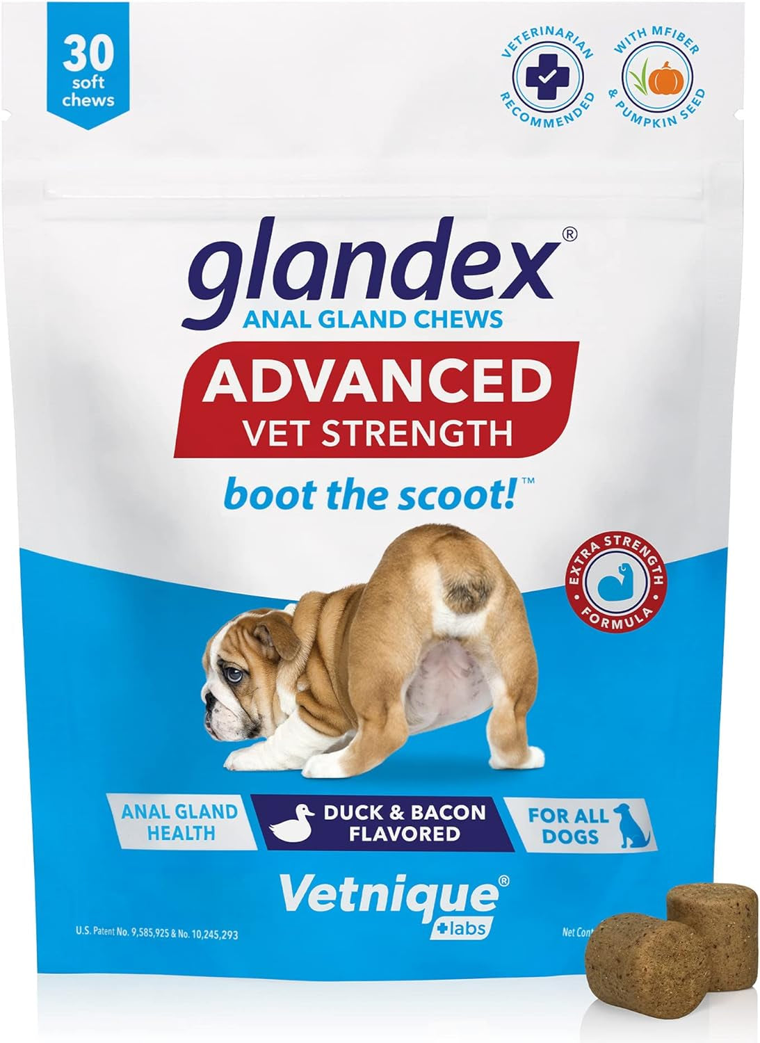 Glandex Anal Gland Soft Chew Treats with Pumpkin for Dogs Digestive Enzymes, Probiotics Fiber Supplement for Dogs Boot the Scoot (Advanced Strength Duck/Bacon Chews (Vegetarian), 30Ct)