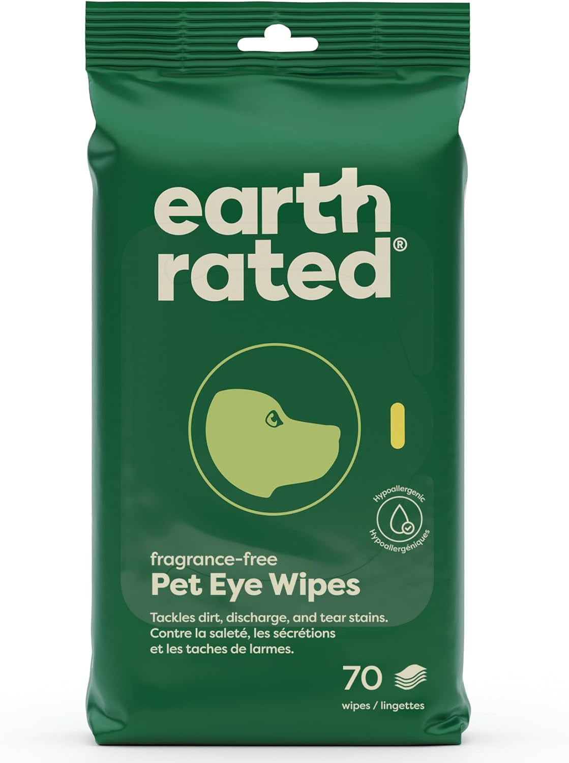 Earth Rated Dog Eye Wipes, Hypoallergenic Plant Based Eye Wipes for Dogs to Remove and Reduce Tear Stains & Eye Discharge, Fragrance Free, 70 Count