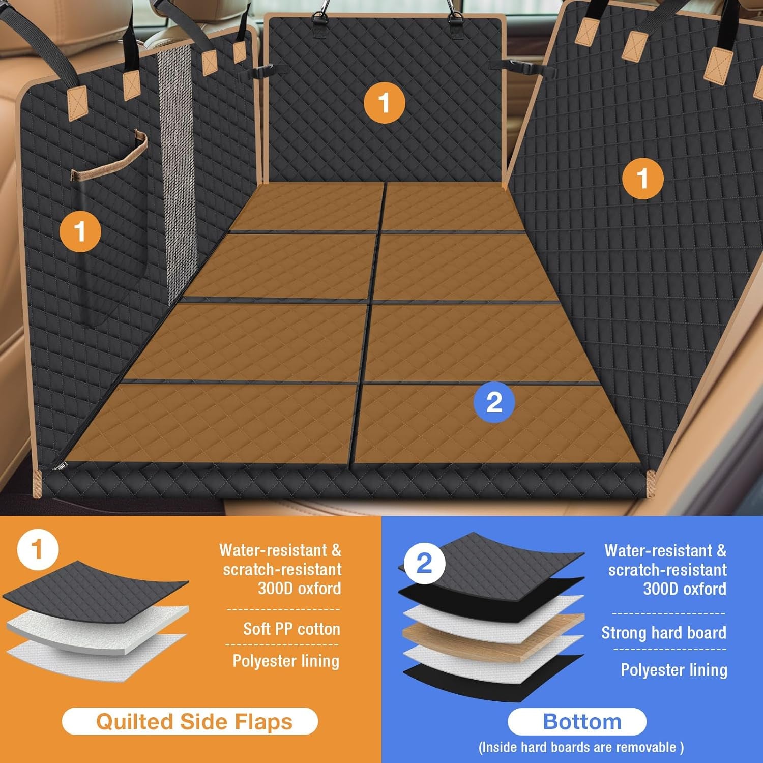 Dog Car Seat Cover for Back Seat, Larger Dog Car Bed Cover with Strong Bottom, Car Back Seat Extender for Dogs, Dog Hammock for Car SUV Truck, Black Footprint