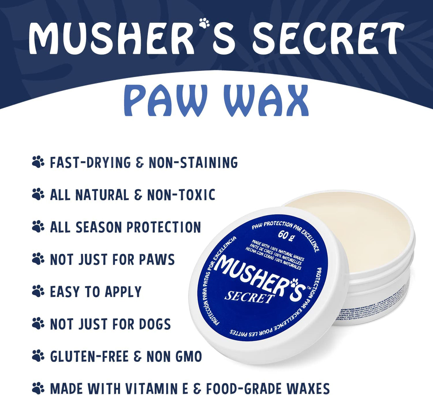 Musher'S Secret Dog Paw Wax 60 G (2.1 Oz) - Moisturizing Dog Paw Balm That Creates an Invisible Barrier That Protects and Heals Dry Cracked Paws - All-Natural with Vitamin E and Food-Grade Ingredients