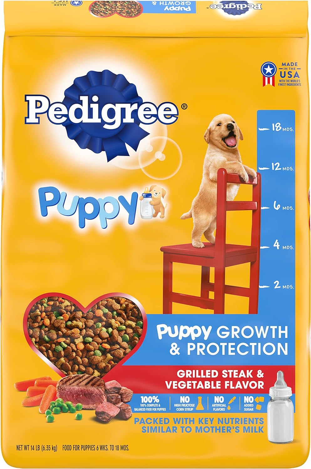 Pedigree Puppy Growth & Protection Dry Dog Food Grilled Steak & Vegetable Flavor, 14 Lb. Bag