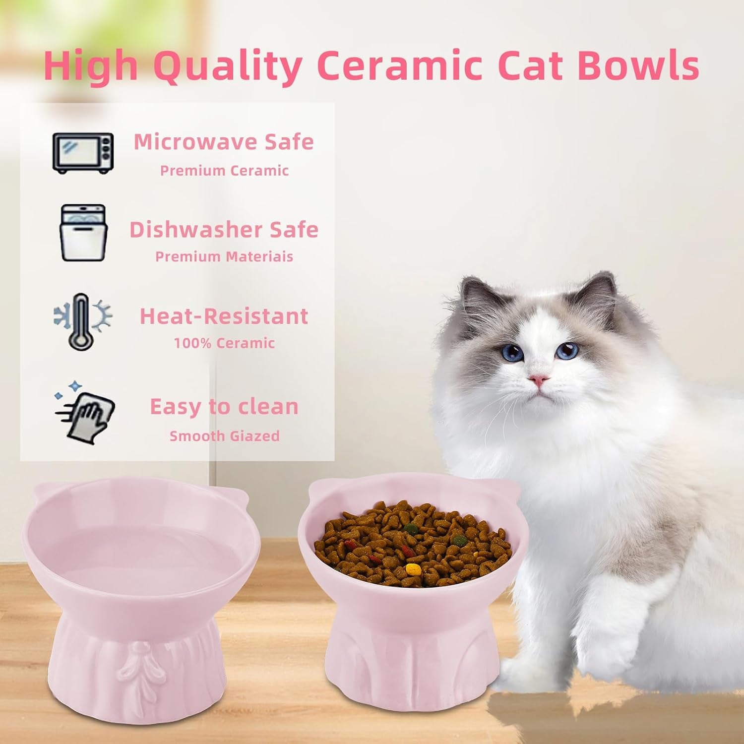 2Pcs Ceramic Elevated Cat Bowls, Extra Wide Raised Cat Bowls for Food and Water, Shallow Cat Food Dish Whisker Friendly, Anti Vomit Cat Bowl Microwave and Dishwasher Safe, Great Height for Cat (Pink)