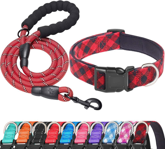 Reflective Dog Collar Padded with Soft Neoprene Breathable Adjustable Nylon Dog Collars for Small Medium Large Dogs (X-Small (Pack of 1), Red Plaid Collar+Leash)