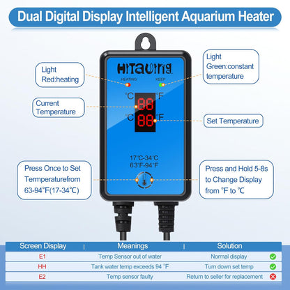 HiTauing Aquarium Heater, Upgraded 300W/500W Fish Tank Heater with Intelligent Leaving Water Automatically Stop Heating and Advanced Temperature Control System, Suitable for Saltwater and Freshwater