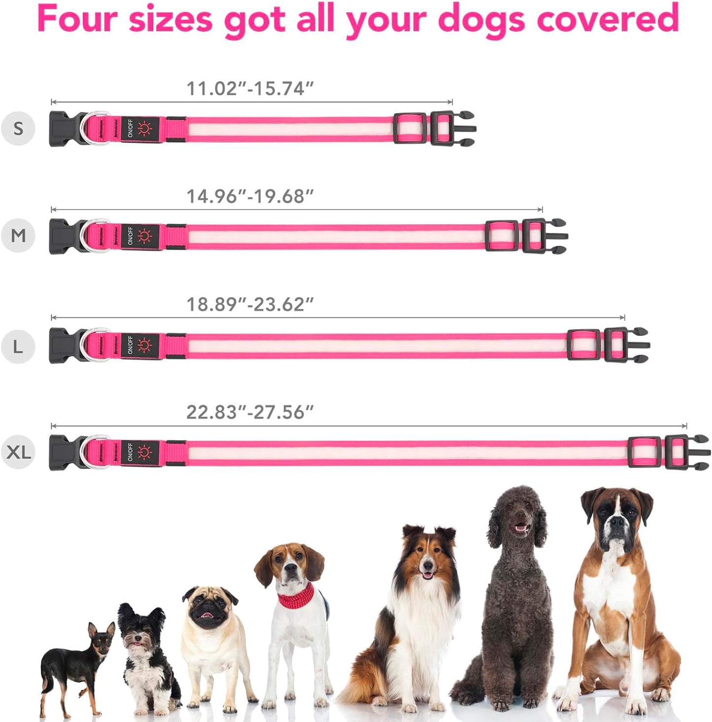 LED Dog Collar, Light up Dog Collar Adjustable USB Rechargeable Super Bright Safety Light Glowing Collars for Dogs (Medium, Pink)